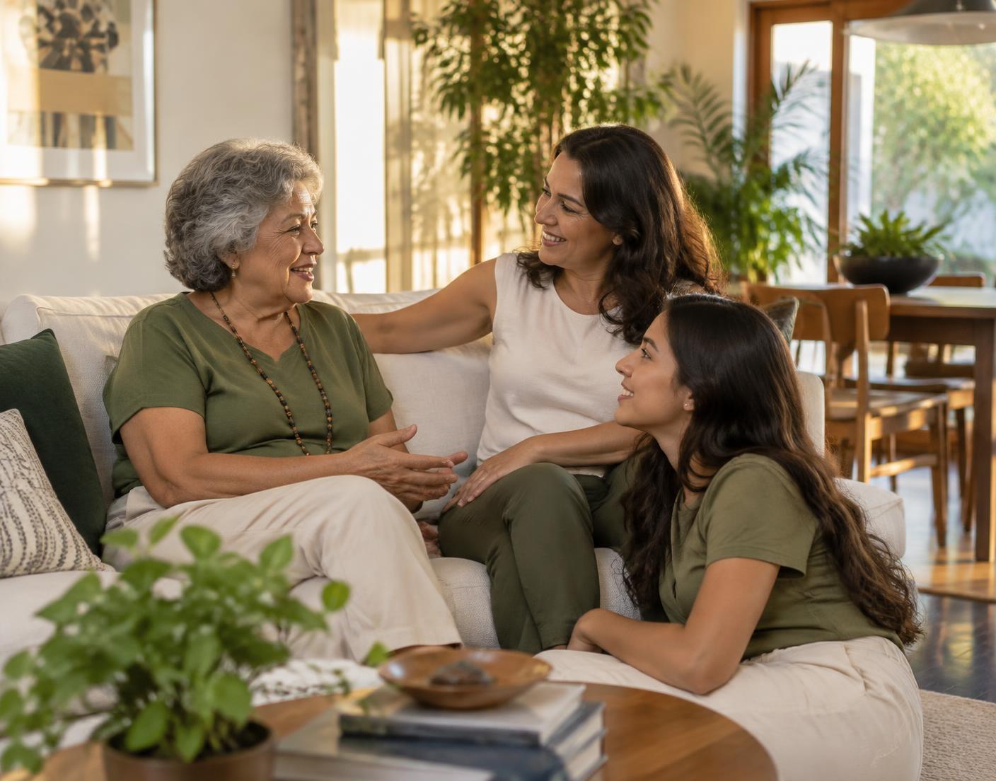 Três gerações de uma família conversando juntas em casa
